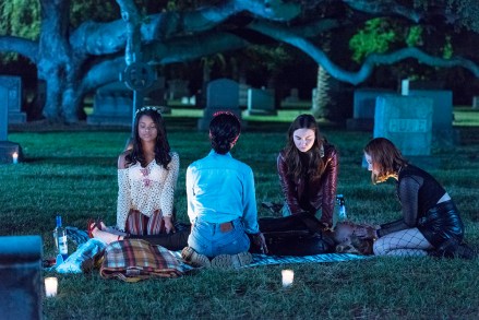 Light as a Feather -- "...Stiff as a Board" - Episode 101 - Four best friends invite the shy new girl out on Halloween, but they soon regret their decision when she suggests they play a twisted version of Light as a Feather, Stiff as a Board. Candace (Ajiona Alexus), Alex (Brianne Tju), McKenna (Liana Liberato), Olivia (Peyton List) and Violet (Haley Ramm), shown.  (Photo by: Rachael Thompson/Hulu)