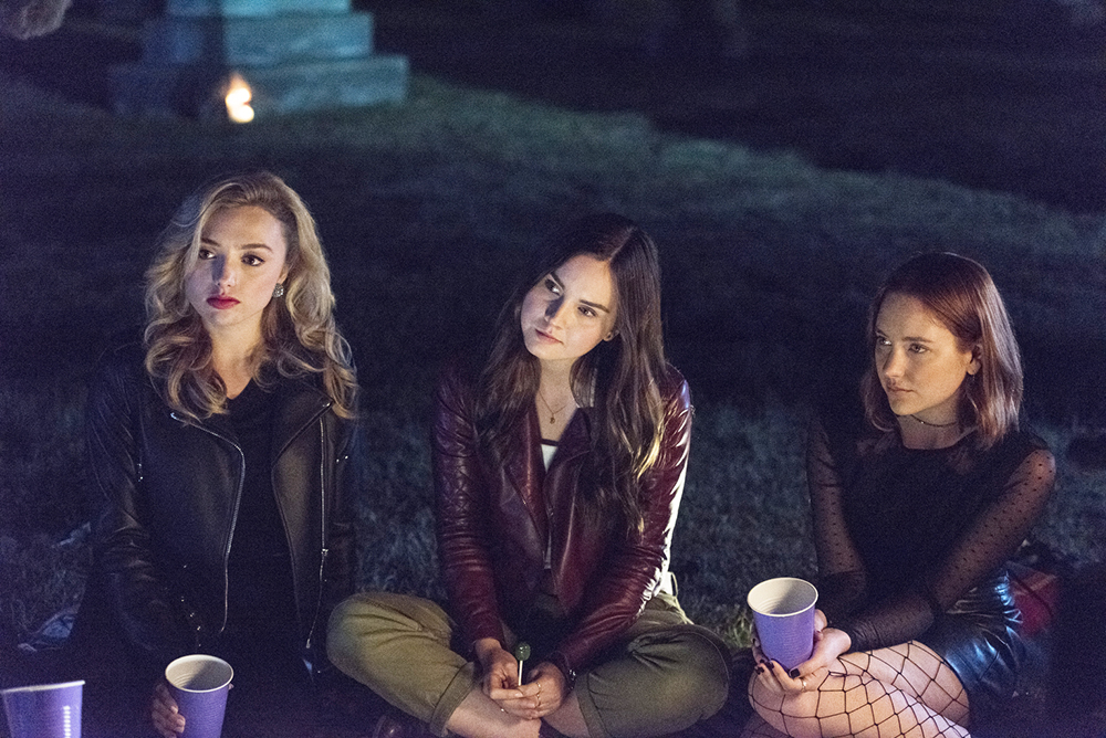 Light as a Feather -- "...Stiff as a Board" - Episode 101 - Four best friends invite the shy new girl out on Halloween, but they soon regret their decision when she suggests they play a twisted version of Light as a Feather, Stiff as a Board. Olivia (Peyton List), McKenna (Liana Liberato) and Violet (Haley Ramm), shown. (Photo by: Rachael Thompson/Hulu)