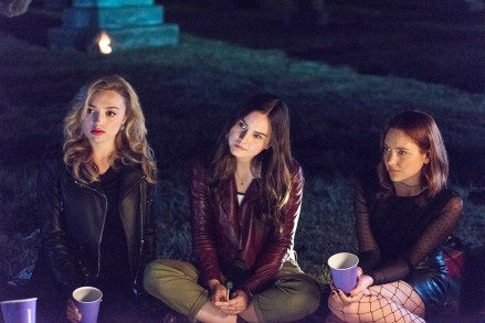 Light as a Feather -- "...Stiff as a Board" - Episode 101 - Four best friends invite the shy new girl out on Halloween, but they soon regret their decision when she suggests they play a twisted version of Light as a Feather, Stiff as a Board. Olivia (Peyton List), McKenna (Liana Liberato) and Violet (Haley Ramm), shown. (Photo by: Rachael Thompson/Hulu)