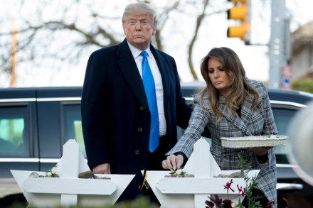 Donald Trump, Melania Trump. First lady Melania Trump, accompanied by President Donald Trump, puts down a white flower at a memorial for those killed at the Tree of Life Synagogue in Pittsburgh
Trump, Pittsburgh, USA - 30 Oct 2018