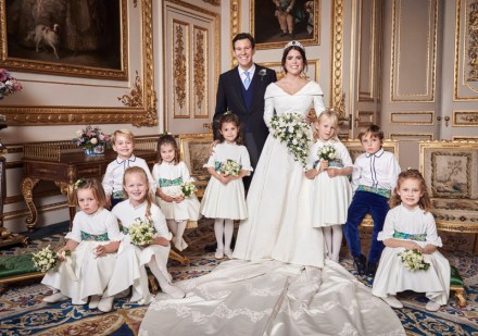 Free for Editorial Use Only. See terms of release, which must be included and passed-on to anyone to whom this image is suppliedMandatory Credit: Photo by Alex Bramall/PA Wire/REX/Shutterstock (9930686b)This official wedding photograph released by the Royal Communications of Princess Eugenie and Mr Brooksbank, shows - Princess Eugenie and Jack Brooksbank in the White Drawing Room, Windsor Castle with (left to right) Back row: His Royal Highness Prince George ; Her Royal Highness Princess Charlotte ; Miss Theodora Williams ; Miss Isla Phillips ; Master Louis de Givenchy Front row: Miss Mia Grace Tindall ; Miss Savannah Phillips ; Miss Maud Windsor.The Wedding of Princess Eugenie and Jack Brooksbank, Official Portraits, Windsor, Berkshire, UK - 12 Oct 2018News Editorial Use Only. No Commercial Use. No Merchandising, Advertising, Souvenirs, Memorabilia or Colourably Similar. Not for use after 30th April 2019 without prior permission from Buckingham Palace. No Cropping. Copyright in the photograph is vested in Princess Eugenie of York and Mr Jack Brooksbank and Alex Bramall. Publications are asked to credit the photograph to Alex Bramall. No charge should be made for the supply, release or publication of the photograph. The photograph must not be digitally enhanced, manipulated or modified in any manner or form and must include all of the individuals in the photograph when published.