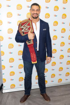 Editorial use only
Mandatory Credit: Photo by Ken McKay/ITV/REX/Shutterstock (9821011aq)
Roman Reigns
'Good Morning Britain' TV show, London, UK - 29 Aug 2018
ROMAN REIGNS: WWE SUPERSTAR 

Roman talks about his superstar cousin, The Rock, and his return to The O2 tonight and recent win of the WWE Universal Title.