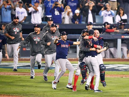 Boston Red Sox players celebrate their World Series victory after beating the Los Angeles Dodgers 5-1 in Game 5 at Dodger Stadium in Los Angeles on Oct. 28, 2018. (Kyodo via AP Images) ==Kyodo