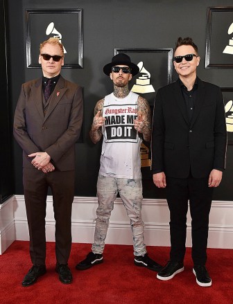 Matt Skiba, from left, Travis Barker, and Mark Hoppus of the musical group Blink-182 arrive at the 59th annual Grammy Awards at the Staples Center, in Los Angeles
The 59th Annual Grammy Awards - Arrivals, Los Angeles, USA - 12 Feb 2017