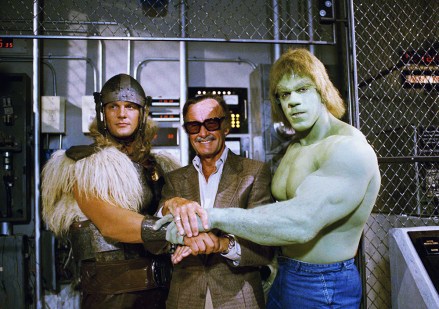 Stan Lee, Lou Ferrigno, Eric Kramer Comics impresario Stan Lee, center, poses with Lou Ferrigno, right, and Eric Kramer who portray "The Incredible Hulk" and Thor, respectively, in a special movie for NBC, "The Incredible Hulk Returns,", Los Angeles, Calif. Lee says the secret of successfully transferring comic book characters to television is to avoid making it a carbon copy
Stan Lee 1988, Los Angeles, USA