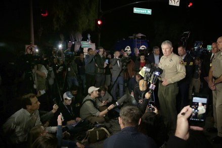 Ventura County Geoff Dean addresses the media about the mass shooting at the Borderline Bar and Grill in Thousand Oaks, California, USA, 08 November 2018.  A sheriff's deputy, 11 attendees and the gunmen were killed.
California Bar shooting, Thousand Oaks, USA - 08 Nov 2018