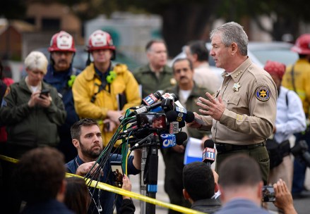 Ventura County Sheriff Geoff Dean speaks to reporters near the scene in Thousand Oaks, Calif.,, where a gunman opened fire the previous night inside a country dance bar crowded with hundreds of people. Officials say the suspect is dead inside the bar
California Bar Shooting, Thousand Oaks, USA - 08 Nov 2018