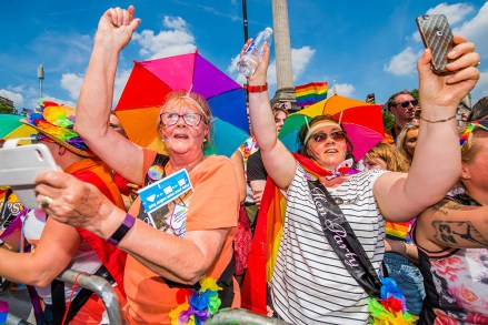 The march comes to Trafalgar square - The London Pride parade and event in Trafalgar Square.  Pride of London Parade - 07 July 2018