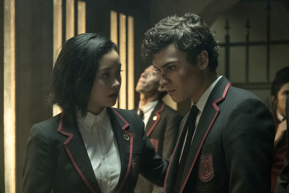 DEADLY CLASS -- "Noise, Noise, Noise" Episode 101 -- Pictured: (l-r) Lana Condor as Saya, Benjamin Wadsworth as Marcus -- (Photo by: Katie Yu/SYFY)