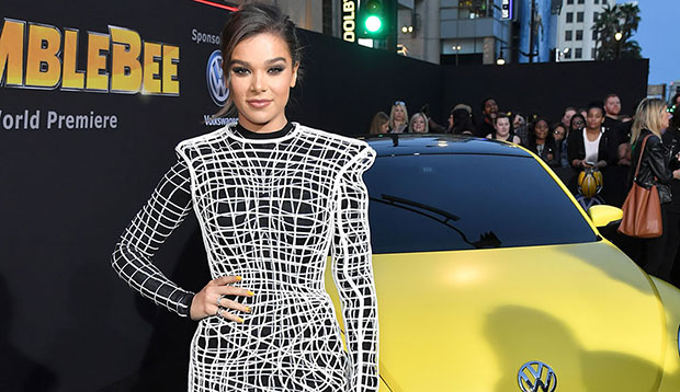 Hailee Steinfeld stylish in patterned mini dress and colorful