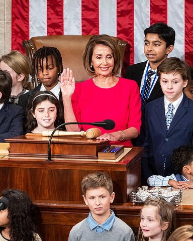 Democratic Speaker of the House Nancy Pelosi, surrounded by her grandchildren and the children of other lawmakers, is sworn-in to reclaim the speakership in the US Capitol in Washington, DC, USA, 03 January 2019. Pelosi and the House of Representatives are expected to vote later today on a bill to re-open the government, which is in its 11th day of a partial shutdown.
Nancy Pelosi becomes the next Speaker of the House, Washington, USA - 03 Jan 2019