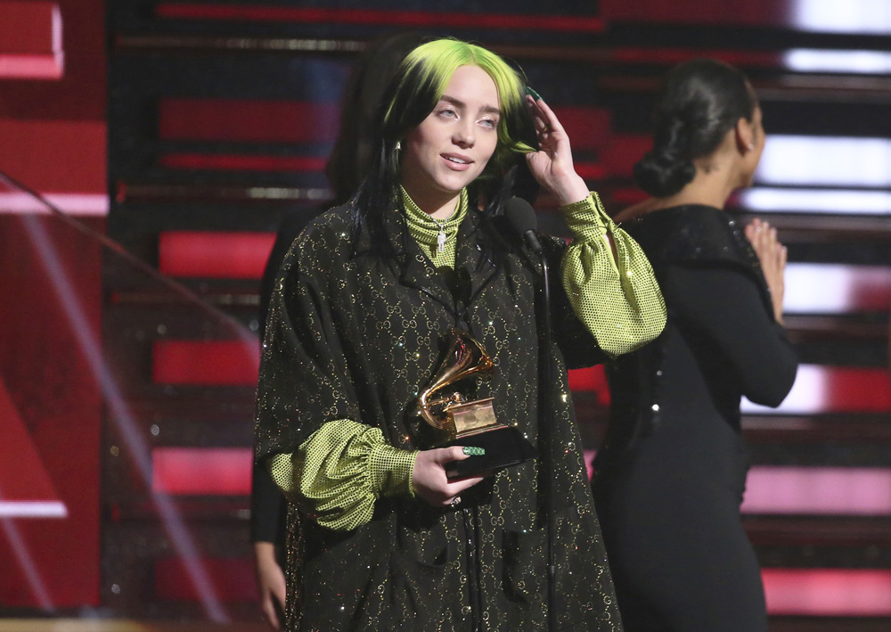 Billie Eilish accepts the award for best new artist at the 62nd annual Grammy Awards on Sunday, Jan. 26, 2020, in Los Angeles. (Photo by Matt Sayles/Invision/AP)