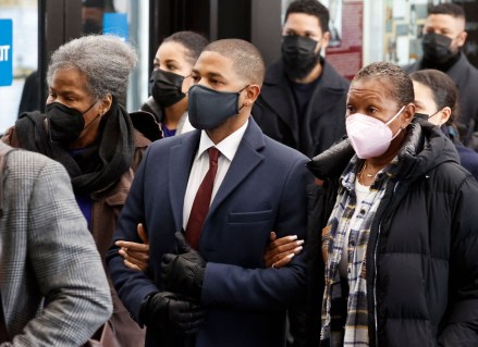 US actor Jussie Smollett (C) arrives at the Leighton Criminal Courthouse with his family to be sentenced for staging an attack on himself in Chicago, Illinois, USA, 10 March 2022. A jury found Smollett guilty on five of the six charges of felony disorderly conduct for lying to Chicago police that he was the victim of a hate crime early on 29 January 2019.Jussie Smollett sentencing, Chicago, USA - 10 Mar 2022