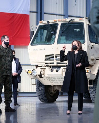 US Vice President Kamala Harris (C) during her meeting with Polish and US soldiers at the 1st Airlift Base in Warsaw, Poland, 11 March 2022. The visit of the US vice president is a demonstration of the United States' support for NATO's eastern flank allies in the face of the Russian invasion in Ukraine. US Vice Psocieresident Kamala Harris visits Poland, Warsaw - 11 Mar 2022