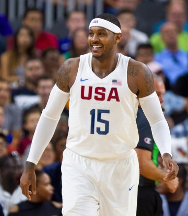 Carmelo Anthony
USA Basketball v Argentina basketball, Las Vegas, USA - 22 Jul 2016
United States forward Carmelo Anthony (15) smiles during the first half of their warm-up international exhibition game versus Argentina in Las Vegas. With only a few spare hours Monday before jetting off to continue the Americans' pre-Olympic tour, Anthony gathered basketball stars, community leaders and police officers to speak with teenagers and young adults about the importance of respect, communication and safety