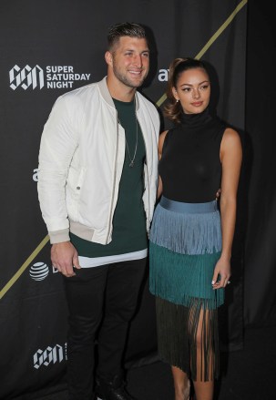 Tim Tebow, Demi-Leigh Nel-Peters. Tim Tebow and Demi-Leigh Nel-Peters arrives during the DIRECTV Super Saturday Night at Atlantic Station, in Atlanta
DIRECTV Super Saturday Night, Arrivals, Atlanta, USA - 02 Feb 2019