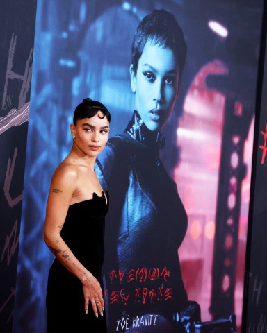 Zoe Kravitz poses dnear her poster uring the world premiere of Warner Bros. Pictures, 'The Batman' at Lincoln Center in New York, USA, 01 March 2022. World Premiere of The Batman, New York, USA - 01 Mar 2022