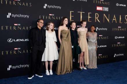 Maddox Jolie-Pitt, Vivienne Jolie-Pitt, US actress Angelina Jolie, Knox Jolie-Pitt, Shiloh Jolie-Pitt and Zahara Jolie-Pitt attend the premiere of 'Eternals' at the El Capitan Theatre in Los Angeles, California, USA, 18 October 2021. The movie will be released in US theaters on 05 November 2021.
'Eternals' Premiere, Los Angeles, USA - 18 Oct 2021