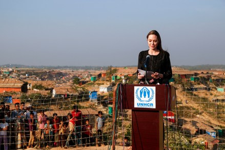 The United Nations High Commissioner for Refugees (UNHCR) special envoy, US actress, film-maker Angelina Jolie (C) talks to media during a press conference after her visit to Kutupalong camp for Rohingya refugees in Teknuf, Cox's bazar in Bangladesh, 05 February 2019. According to the local media Angelina Jolie is in Bangladesh on a three-day visit to assess the humanitarian needs and some of the more critical challenges the country is facing as a host.
US actress Angelina Jolie visits Rohingya camp in Bangladesh, Teknuf - 05 Feb 2019