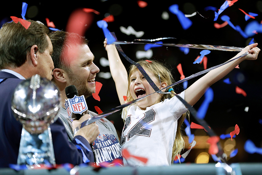 New England Patriots' Tom Brady celebrates with his daughter, Vivian, after the NFL Super Bowl 53 football game against the Los Angeles Rams, in Atlanta. The Patriots won 13-3
Patriots Rams Super Bowl Football, Atlanta, USA - 03 Feb 2019