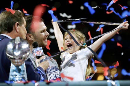 New England Patriots' Tom Brady celebrates with his daughter, Vivian, after the NFL Super Bowl 53 football game against the Los Angeles Rams, in Atlanta. The Patriots won 13-3
Patriots Rams Super Bowl Football, Atlanta, USA - 03 Feb 2019