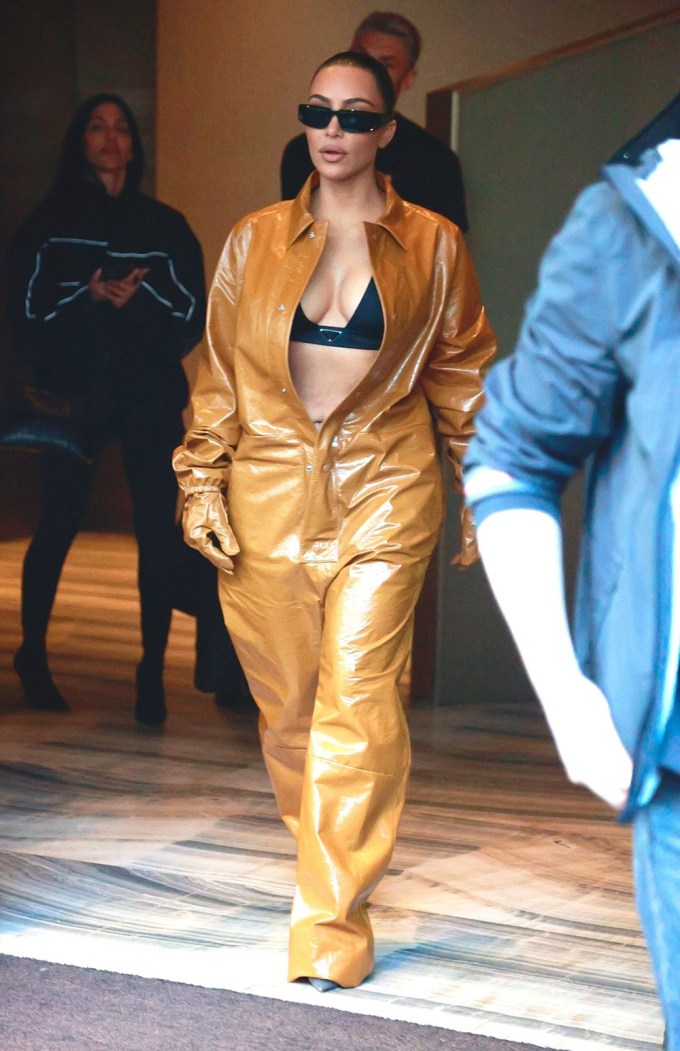 Kim Kardashian In Bra Top & Leather Jumpsuit