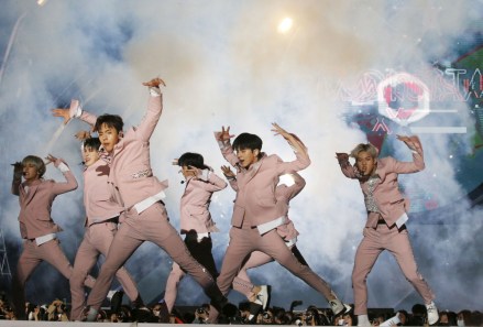 South Korean dance group 'MONSTA X' members pose as they arrive on stage prior to the finals of the annual K-Pop World Festival at the Changwon Stadium in Changwon, South Korea, 29 September 2017 (issued 30 September 2017). About 130,000 people participating from 71 countries took part in preliminary contests from April to July 2017, and the selected 13 teams were invited for the K-Pop final competition.
K-Pop World Festival 2017, Changwon, Korea - 29 Sep 2017