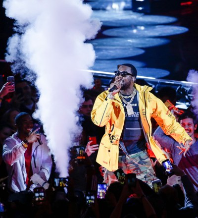Rapper Meek Mill performs ahead of the first half of an NBA All-Star basketball game, Sunday, Feb. 17, 2019, in Charlotte, N.C. (AP Photo/Gerry Broome)