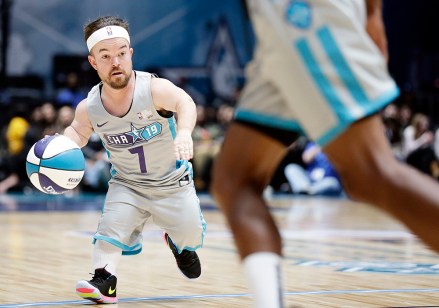 Away team's Brad Williams (7) dribbles during the first half of an NBA All-Star Celebrity basketball game in Charlotte, N.C., Friday, Feb. 15, 2019. (AP Photo/Gerry Broome)