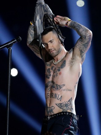 Adam Levine of Maroon 5 performs during halftime of the NFL Super Bowl 53 football game between the Los Angeles Rams and the New England Patriots, in AtlantaPatriots Rams Super Bowl Football, Atlanta, USA - 03 Feb 2019