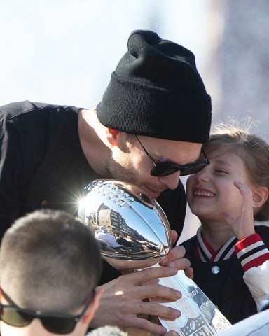 Super Bowl LIII Champions New England Patriots quarterback Tom Brady (L) talks with his daughter Vivian Lake Brady (R) while holding the Vince Lombardi Trophy as they ride a duck boat during a celebration parade on the streets of Boston, Massachusetts, USA 05 February 2019. The New England Patriots defeated the Los Angeles Rams to win Super Bowl LIII, their sixth championship in seventeen years. New England Patriots Super Bowl Championship Parade, Boston, USA - 05 Feb 2019