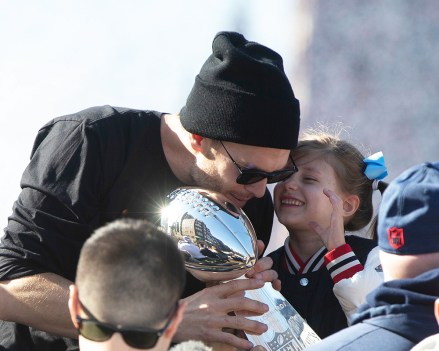 Super Bowl LIII Champions New England Patriots quarterback Tom Brady (L) talks with his daughter Vivian Lake Brady (R) while holding the Vince Lombardi Trophy as they ride a duck boat during a celebration parade on the streets of Boston, Massachusetts, USA 05 February 2019. The New England Patriots defeated the Los Angeles Rams to win Super Bowl LIII, their sixth championship in seventeen years.
New England Patriots Super Bowl Championship Parade, Boston, USA - 05 Feb 2019