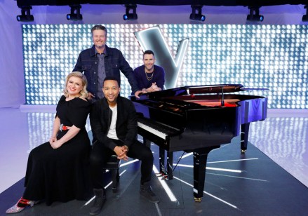 THE VOICE -- Season 16 -- Pictured: (l-r) Kelly Clarkson, Blake Shelton, John Legend, Adam Levine -- (Photo by: Trae Patton/NBC)