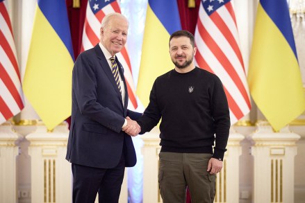 Kyiv, UKRAINE - United States President Joe Biden meets with his Ukrainian counterpart Volodymyr Zelensky in Kyiv, February 20, 2023. Volodymyr Zelensky said 'Joseph Biden, welcome to Kyiv!  Your visit is an extremely important sign of support for all Ukrainians.  During Joe Biden's trip to Kyiv, air raid sirens were heard warning of a possible impending Russian airstrike as V. Putin continues his country's invasion of Ukraine.  Biden comes as the United States and European countries step up military assistance to Ukraine, although Volodymyr Zelensky has called for more help, including fighter jets, to improve Ukraine's air defense.  US President Joe Biden has met with Ukraine's President Zelensky in Kyiv...The American leader had previously announced a trip to Poland but made the surprise visit to Kyiv on Monday February 20, 2023. Pictured: Joe Biden, Volodymyr Zelensky, BACKGRID USA 20 FEBRUARY 2023 BYLINE MUST READ: Best Image / BACKGRID USA: +1 310 798 9111 / usasales@backgrid.com UK: +44 208 344 2007 / uksales@backgrid.com *UK Clients - Pictures Containing Children Please Pixelate Face Prior To Publication*