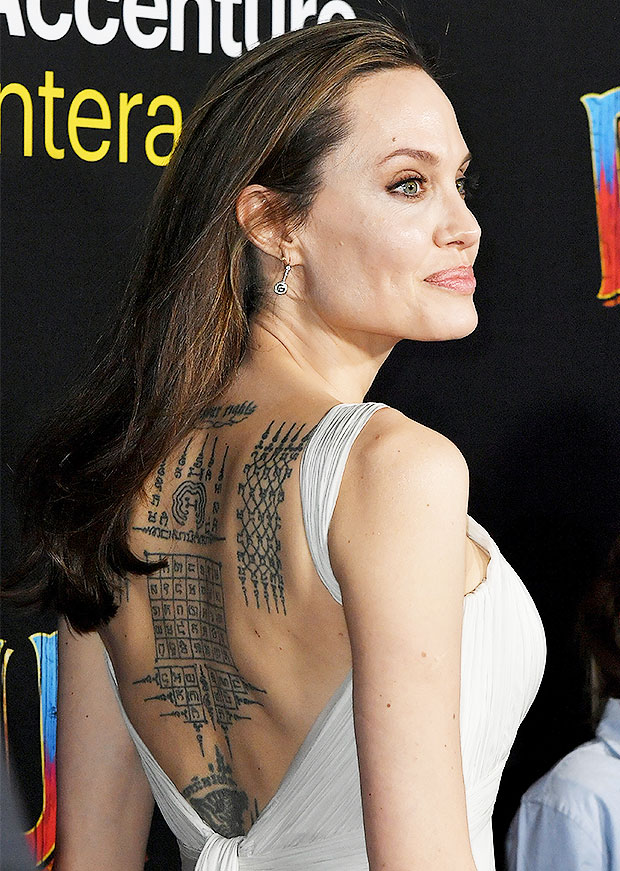 Angelina Jolie S Back Tattoos How They Look Meanings Behind The Ink Hollywood Life