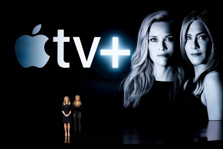 Actors Reese Witherspoon, left, and Jennifer Aniston speak at the Steve Jobs Theater during an event to announce new Apple products, in Cupertino, Calif
Apple Streaming TV, Cupertino, USA - 25 Mar 2019