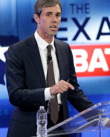 MAGS OUT; TV OUT; NO SALES; SAN ANTONIO OUT; AP MEMBERS ONLY; MANDATORY CREDIT Mandatory Credit: Photo by TOM REEL/POOL/EPA-EFE/REX/Shutterstock (9934616s) Democratic challenger and US Representative from Texas Beto O'Rourke speaks during a debate with Republican Senator Ted Cruz (not pictured) before the US Midterm elections in San Antonio, Texas, USA, 16 October 2018. Candidate for the US Senate Beto O'Rourke and Senator Ted Cruz hold a debate in San Antonio, USA - 16 Oct 2018
