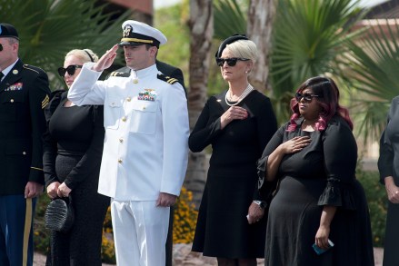 Family of Senator John McCain, including his wife, Cindy (2nd R) and daughter Bridget (R), salute the senator as his casket arrives for a service at North Phoenix Baptist Church in Phoenix, Arizona, USA, 30 August 2018. McCain a veteran of the Vietnam War, served two terms in the US House of Representatives, and was elected to five terms in the US Senate. He also ran for president twice, and was the Republican nominee in 2008.
North Phoenix Baptist Church memorial service for Sen. John McCain, USA - 30 Aug 2018