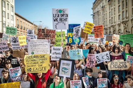 Students hold pro-environment banners during a rally in Madrid, Spain, . Students mobilized by word of mouth and social media skipped class Friday to protest what they believe are their governments' failure to take tough action against global warming
Climate Student Protests, Madrid, Spain - 15 Mar 2019