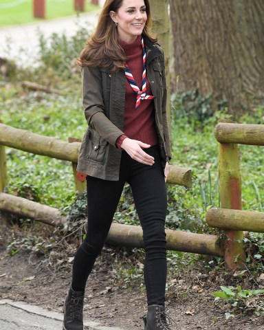 Catherine Duchess of Cambridge
Catherine Duchess of Cambridge visit to the Scouts' Headquarters, Gilwell Park, Essex, UK - 28 Mar 2019
The Duchess of Cambridge will visit the Scouts' headquarters at Gilwell Park on 28th March to learn more about the organisation's new pilot to bring Scouting to younger children. The visit to Gilwell Park will also celebrate the site's 100th anniversary year. 

2019 also marks the 100th anniversary of Gilwell Park, a site recognised internationally as the home of Scouting. Located on the edge of Epping Forest, it is a Scout campsite, training and adventure centre, and home to the organisation's UK headquarters. Each year, the Park welcomes thousands of Scouts, schools and youth groups to develop their character skills, including taking the initiative and tenacity employability skills such as leadership, teamwork and problem solving; and practical skills like cooking and first aid. Wearing John Lewis, Jacket, High-Street Brand, Wearing J. Crew, Sweater, Boots By See By Chloe