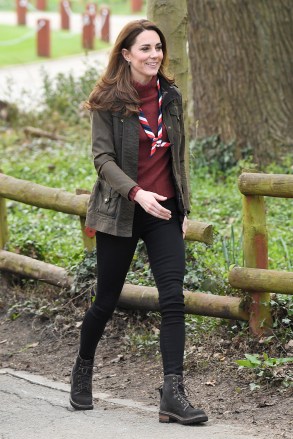 Catherine Duchess of Cambridge
Catherine Duchess of Cambridge visit to the Scouts' Headquarters, Gilwell Park, Essex, UK - 28 Mar 2019
The Duchess of Cambridge will visit the Scouts' headquarters at Gilwell Park on 28th March to learn more about the organisation's new pilot to bring Scouting to younger children. The visit to Gilwell Park will also celebrate the site's 100th anniversary year. 

2019 also marks the 100th anniversary of Gilwell Park, a site recognised internationally as the home of Scouting. Located on the edge of Epping Forest, it is a Scout campsite, training and adventure centre, and home to the organisation's UK headquarters. Each year, the Park welcomes thousands of Scouts, schools and youth groups to develop their character skills, including taking the initiative and tenacity employability skills such as leadership, teamwork and problem solving; and practical skills like cooking and first aid. Wearing John Lewis, Jacket, High-Street Brand, Wearing J. Crew, Sweater, Boots By See By Chloe