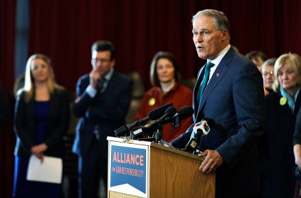 Washington Gov. Jay Inslee speaks, in Seattle at an event held by the Alliance for Gun Responsibility to mark the one-year anniversary of the shooting at Marjory Stoneman Douglas High School in Parkland, Florida, and to talk about efforts in Washington state to reduce gun violence
Inslee Guns, Seattle, USA - 14 Feb 2019