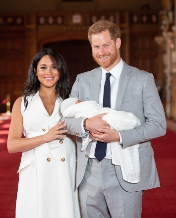 Editorial use only not for use after 7th June 2019Mandatory Credit: Photo by REX/Shutterstock (10231463d)Prince Harry and Meghan Duchess of Sussex with their baby son Archie Harrison Mountbatten-Windsor during a photocall in St George's Hall at Windsor Castle in BerkshirePrince Harry and Meghan Duchess of Sussex new baby photocall, Windsor Castle, UK - 08 May 2019