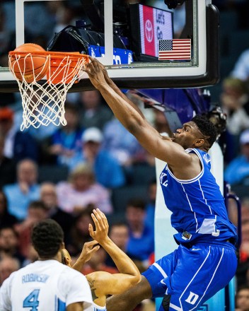 Duke Blue Devils forward Zion Williamson (1) during the ACC College Basketball Tournament game between the Duke Blue Devils and the North Carolina Tar Heels at the Spectrum Center on in Charlotte, NC
NCAA Basketball Duke vs North Carolina, Charlotte, USA - 15 Mar 2019