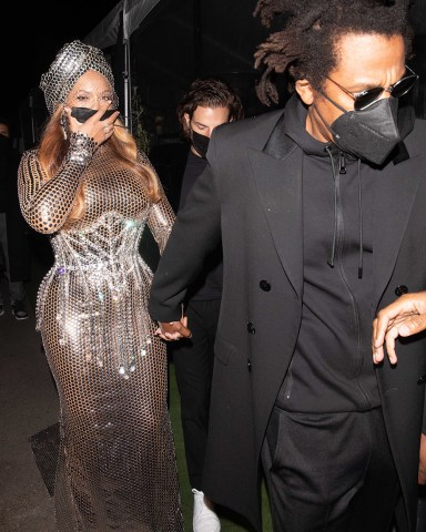 Beyoncé & Jay-Z Celebrates Grammy Awards at Giorgio Baldi in Santa Monica. 14 Mar 2021 Pictured: Beyoncé & Jay-Z. Photo credit: iamKevinWong.com / MEGA TheMegaAgency.com +1 888 505 6342 (Mega Agency TagID: MEGA739614_001.jpg) [Photo via Mega Agency]