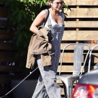 *EXCLUSIVE* Vanessa Hudgens is a chic babe donning pinstriped overalls while out with her pet pup in Los Feliz