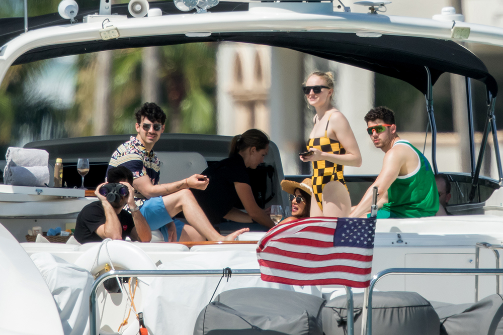 Nick, Joe and Kevin Jonas enjoy cigars and the Miami views during boat day with Sophie Turner and Priyanka Chopra

Pictured: Joe Jonas,Priyanka Chopra,Sophie Turner,Nick Jonas
Ref: SPL5074682 250319 NON-EXCLUSIVE
Picture by: SplashNews.com

Splash News and Pictures
Los Angeles: 310-821-2666
New York: 212-619-2666
London: 0207 644 7656
Milan: 02 4399 8577
photodesk@splashnews.com

World Rights