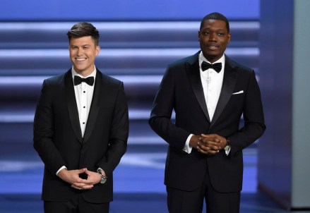 Colin Jost,Michael Che. Hosts Colin Jost, left, and Michael Che speak at the 70th Primetime Emmy Awards, at the Microsoft Theater in Los Angeles
2018 Primetime Emmy Awards - Show, Los Angeles, USA - 17 Sep 2018