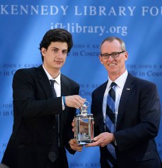 Jack Schlossberg, Bob Inglis Jack Schlossberg, left, grandson of for President John F. Kennedy, presents former U.S Rep. Bob Inglis, R-S.C., right, with the 2015 Profile in Courage Award, at the John F. Kennedy Library and Museum, in Boston. Inglis was awarded the prize for reversing his position on climate change
Profile In Courage Award, Boston, USA