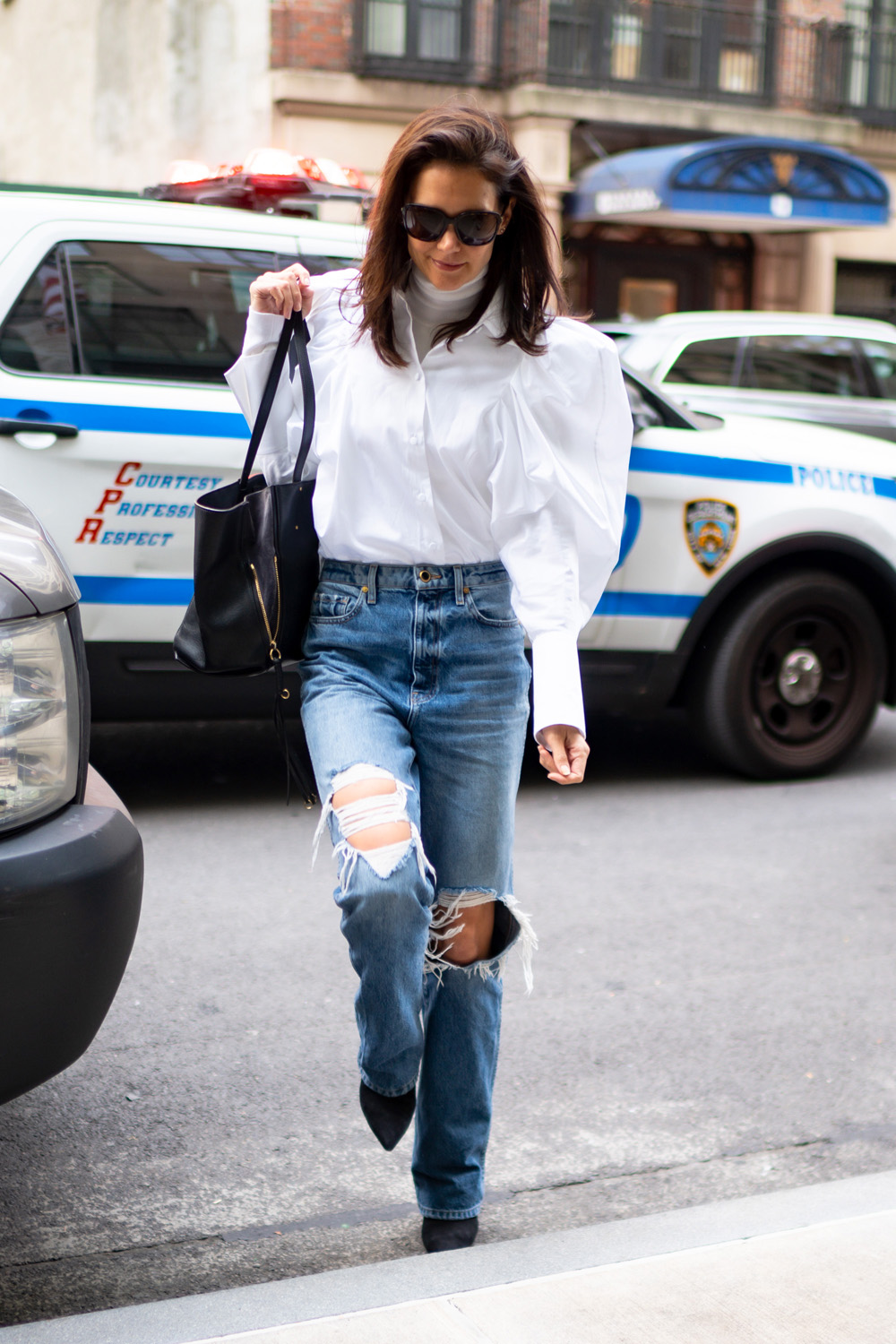 Katie Holmes steps out looking like Jerry Seinfeld in a 'puffy shirt' in New York City